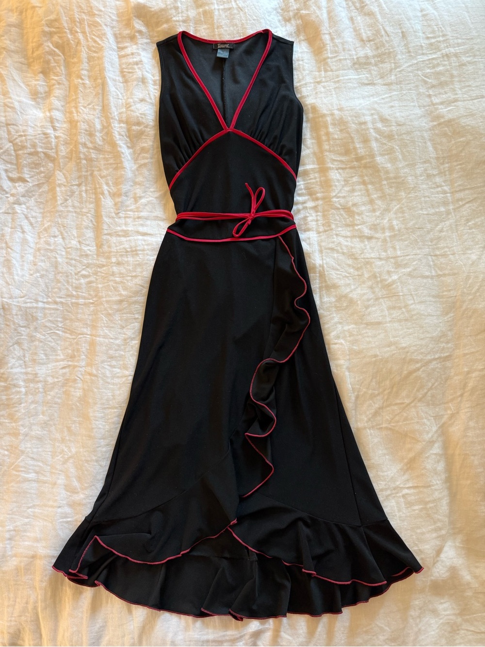 Taunt Black Y2K Midi Wrap Dress with Red Trim and Tie